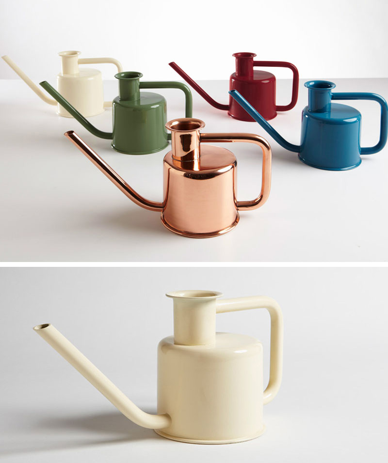 These small modern watering cans come in various colors and feature a simple design with long spouts, making them good for getting at hard to reach plants. #Gardening #WateringCans #ModernWateringCan #Plants