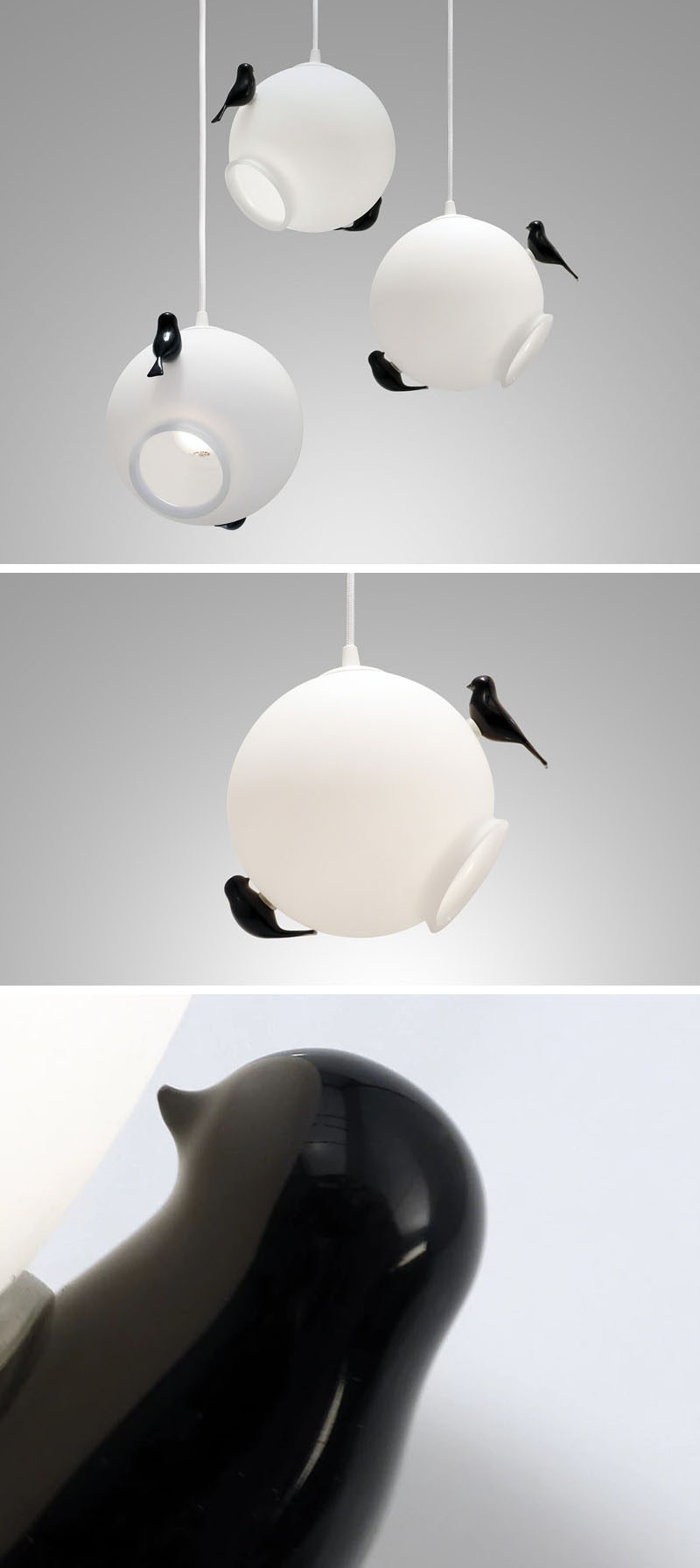 Designer Ricardo Santo has created the Ninho de Andorinhas, a modern pendant lamp that's hand-blown glass in opal white with a matte finish and are adorned with black glazed birds