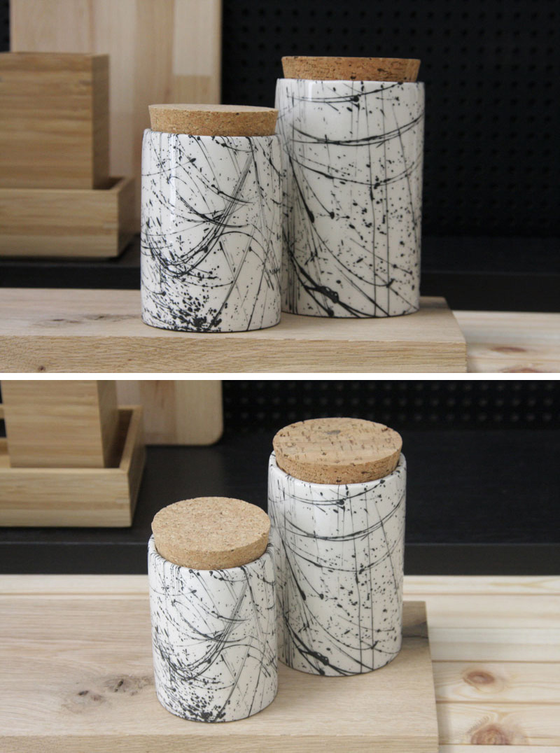 These modern white and black line pattern ceramic jars have been painted separately, then glazed with a glossy finish, making them stand out on the counter. #PantryIdeas #StorageIdeas #KitchenStorage #KitchenJars #ModernJar #ModernCanister #PantryJars