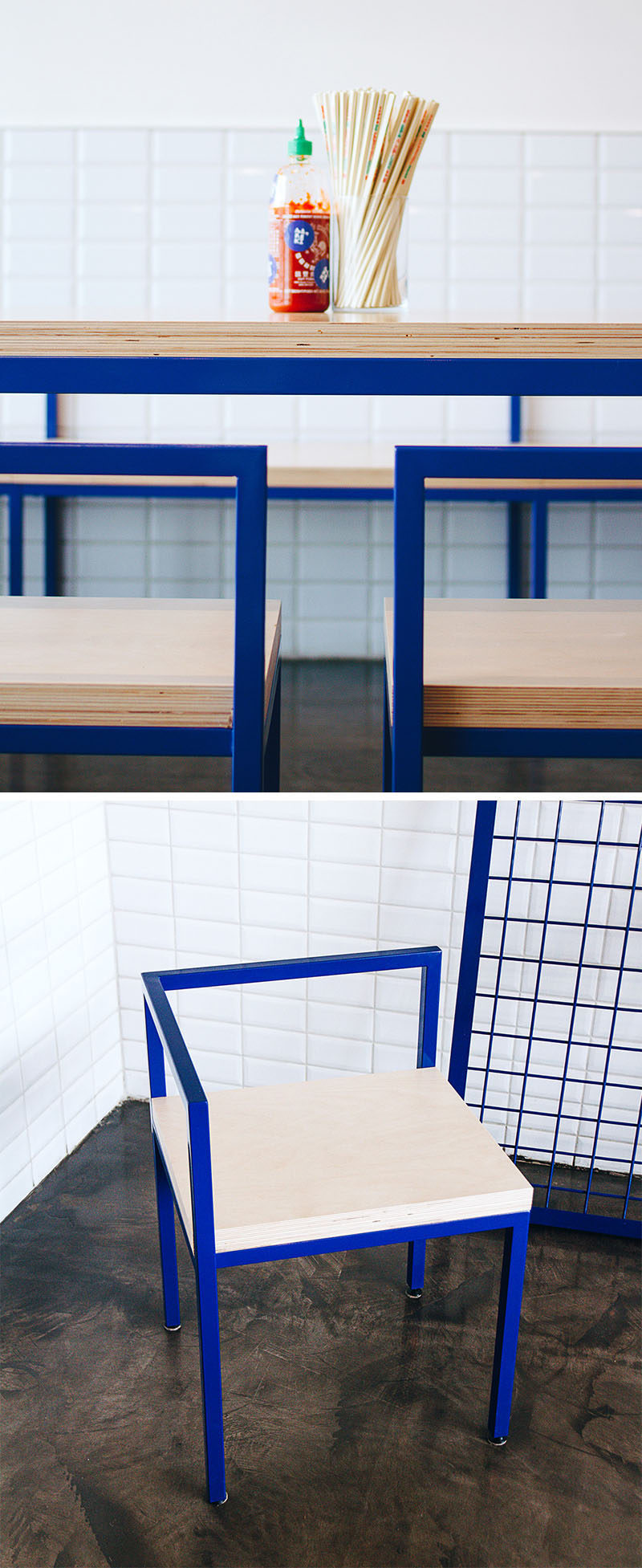 Made from plywood and blue metal frames, this modern restaurant furniture is kept simple and sturdy, with the food and conversation meant to be the focal point.