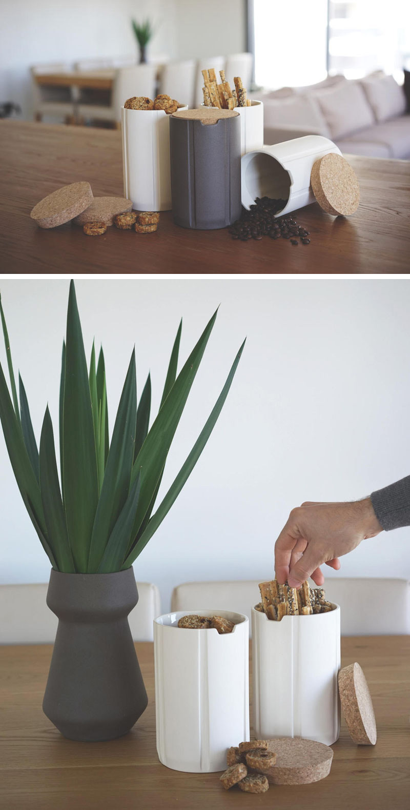 Minimalist in design, these white and grey modern canisters are perfect for storage in the kitchen they have a glazed ceramic interior with a cork lid. #PantryIdeas #StorageIdeas #KitchenStorage #KitchenJars #ModernJar #ModernCanister #PantryJars