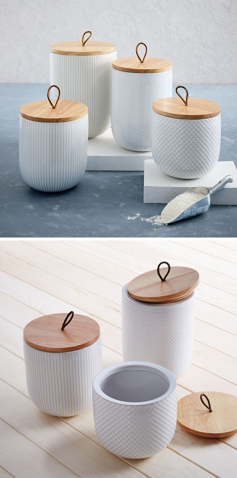 With wood lids that have leather tabs, these modern white stoneware canisters have individual textured patterns, making you want to reach out and grab them. #PantryIdeas #StorageIdeas #KitchenStorage #KitchenJars #ModernJar #ModernCanister #PantryJars