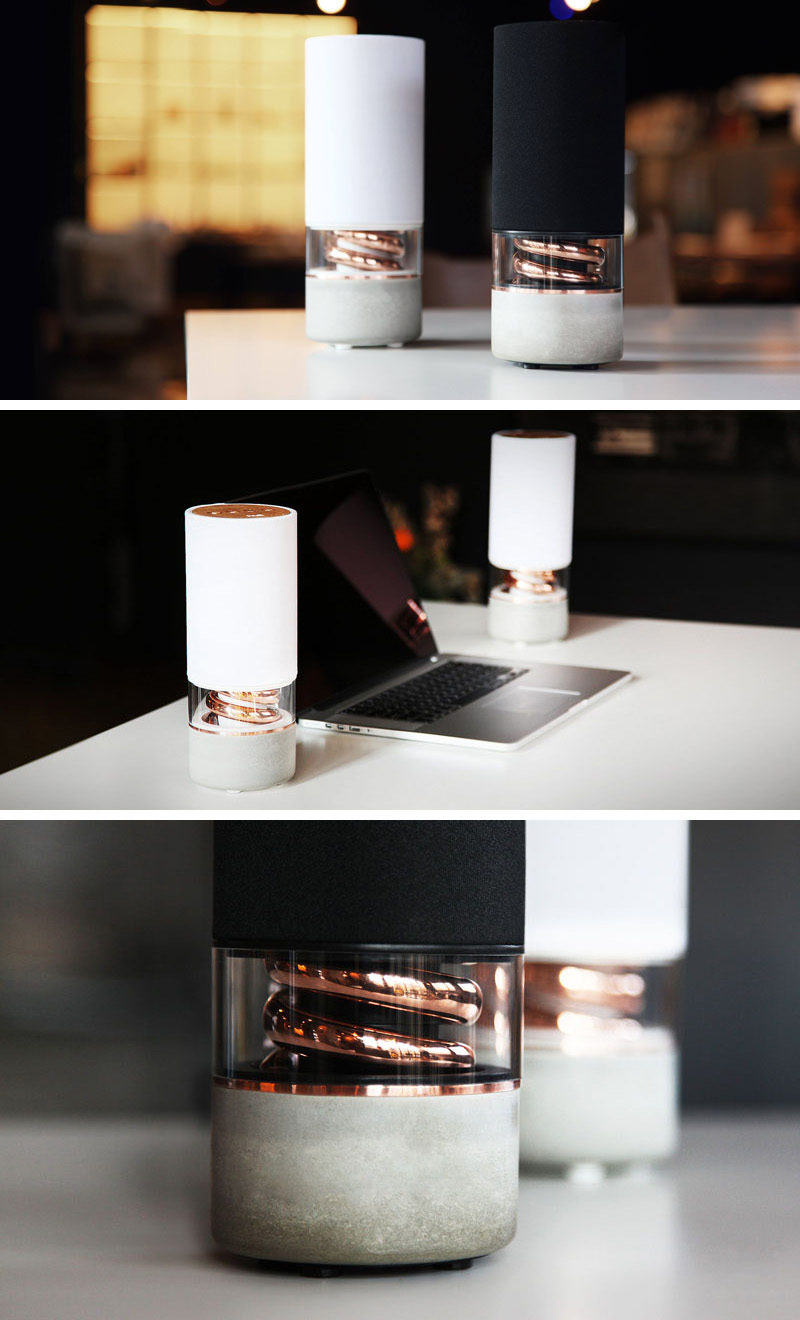 The concrete base and copper spiral encased in glass do more than just give this wireless speaker a beautiful look. The concrete base provides a solid base to counter speaker vibrations and the copper pipe boosts bass frequencies, creating high resolution audio.