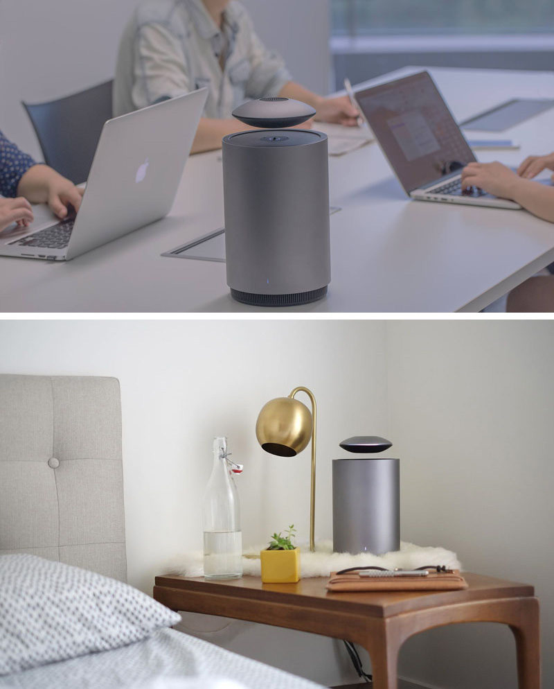 This levitating wireless speaker system features a floating speaker and a stationary subwoofer that also doubles as the charging station. When the batteries in the floating speaker start to get low, the flying saucer shaped speaker slowly touches back down on the subwoofer until it's fully charged then silently lifts off again.