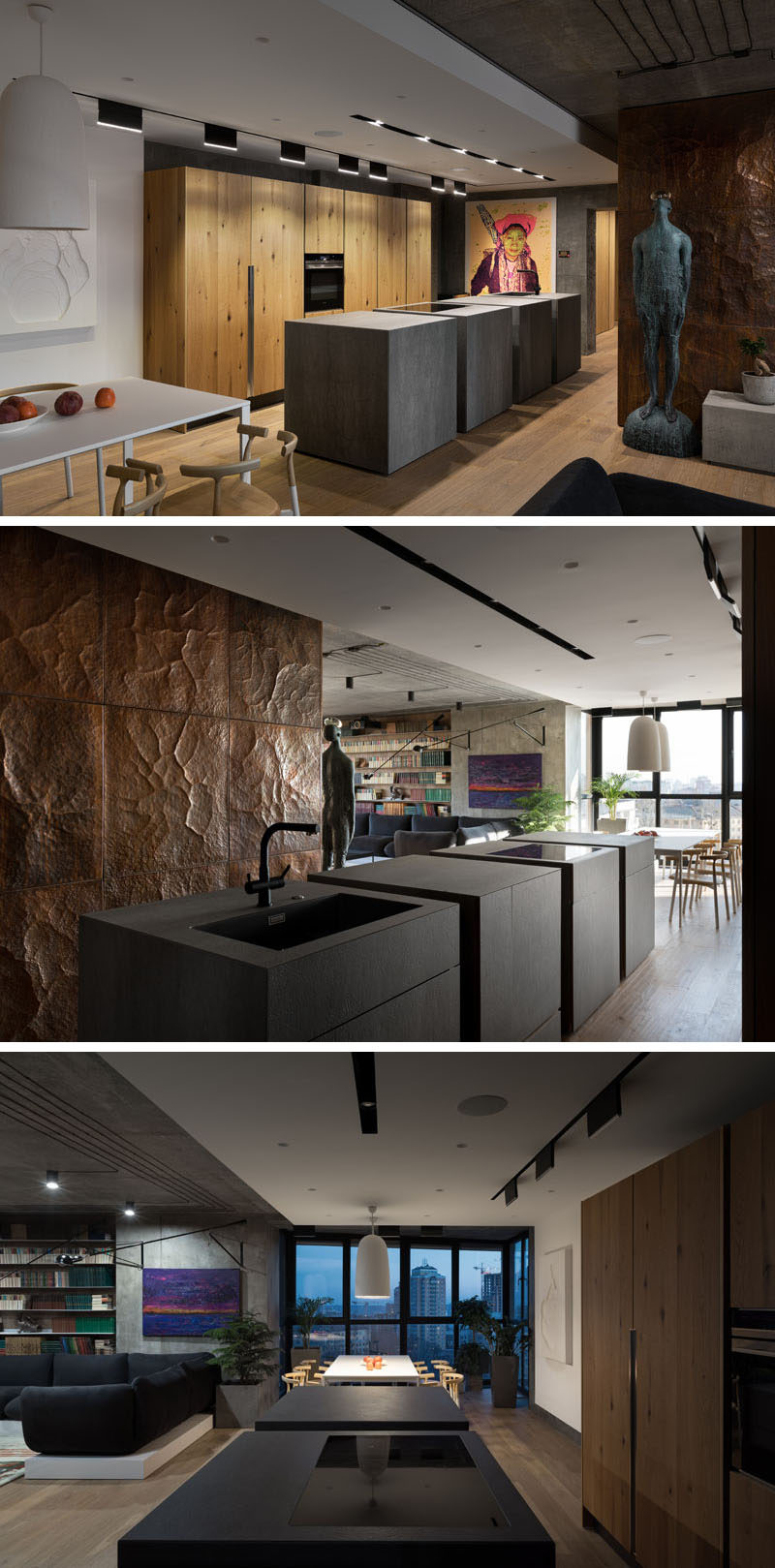 In this modern kitchen, the focal point is the island with separated sections. Behind the island is a wall of wood cabinetry, and on the opposite wall is the continuation of the copper wall from living room. Minimalist track lighting allows for the island and another statement art piece to stand out in the kitchen.