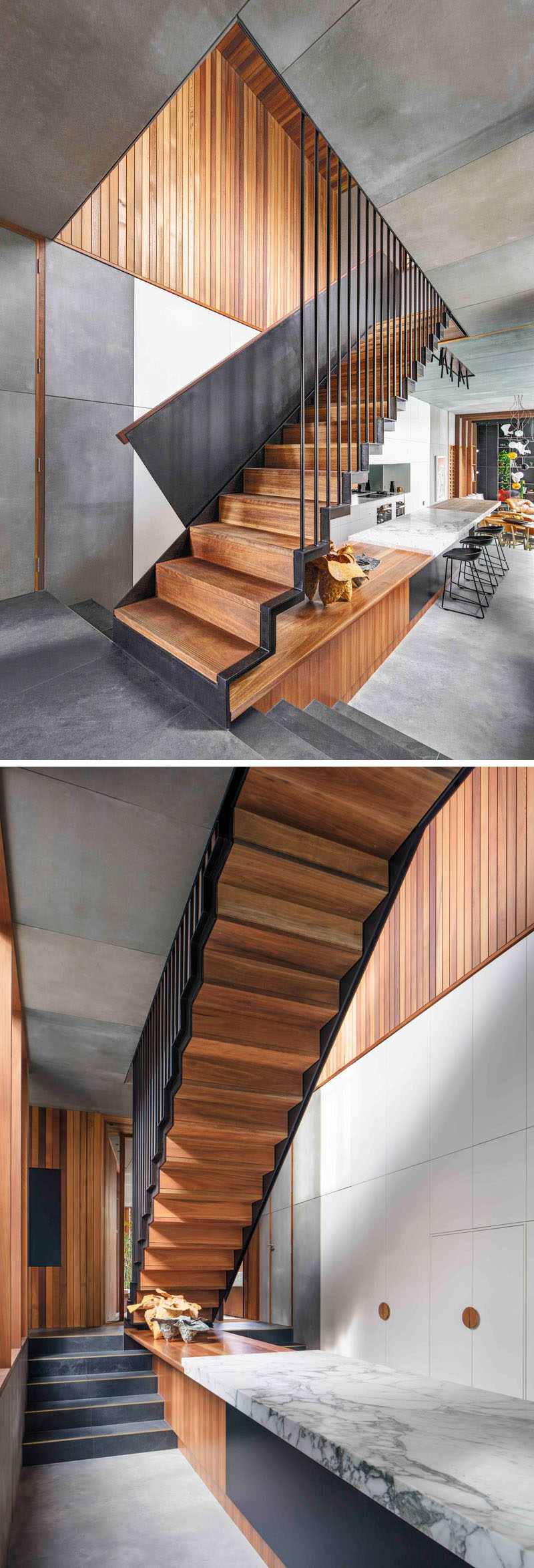 This modern house has wood and steel stairs that lead to the upper floor of the home.