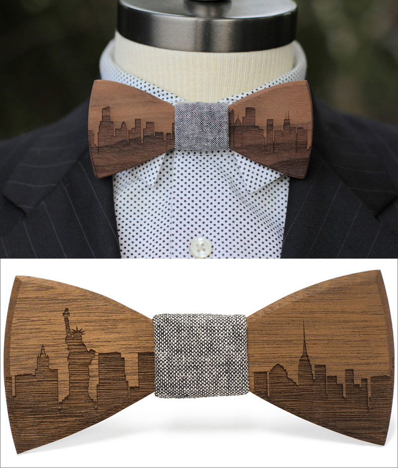  These modern wood bow ties feature city skylines engraved along the bottom, with grey denim center pieces to give them a casual, timeless look for men's fashion.