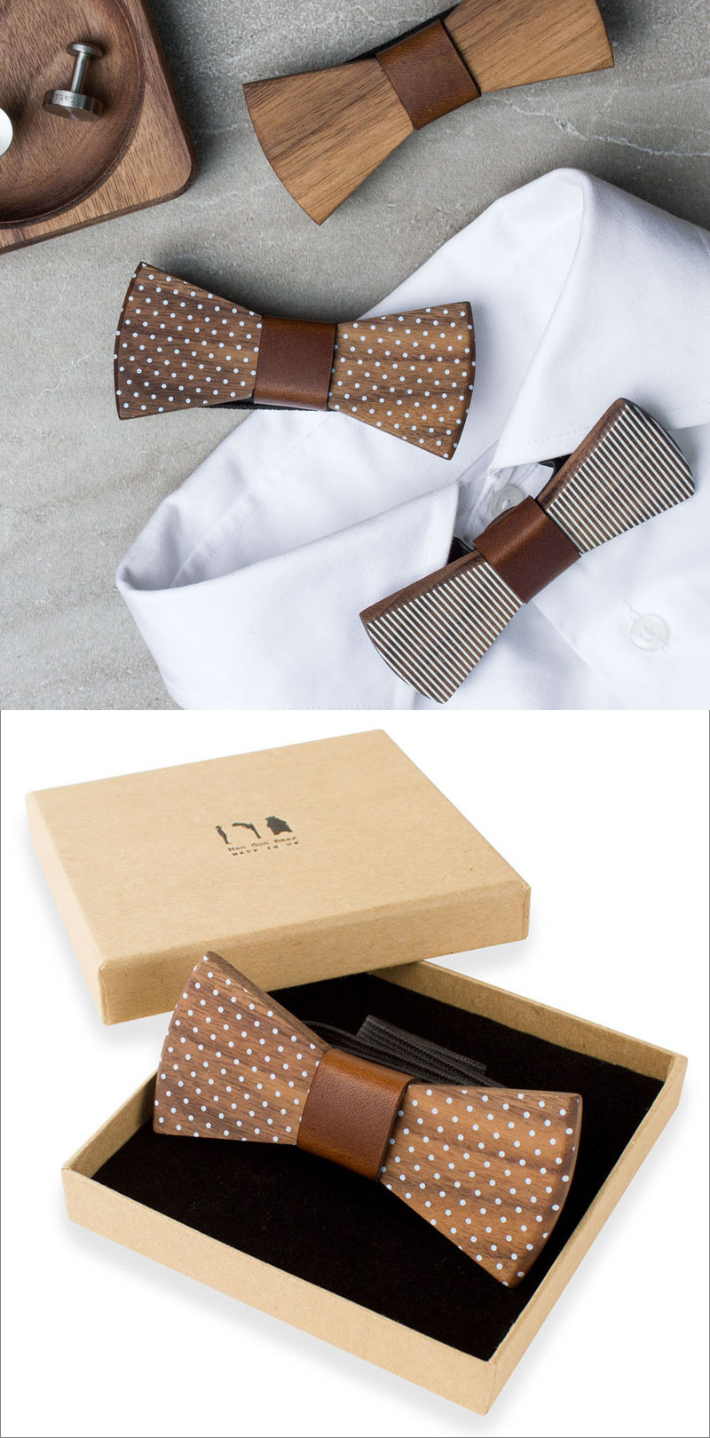  Thick pieces of wood with leather center pieces and simple stripes or polka dots, make these modern bow ties a fun alternative to the traditional kind often worn to formal events.