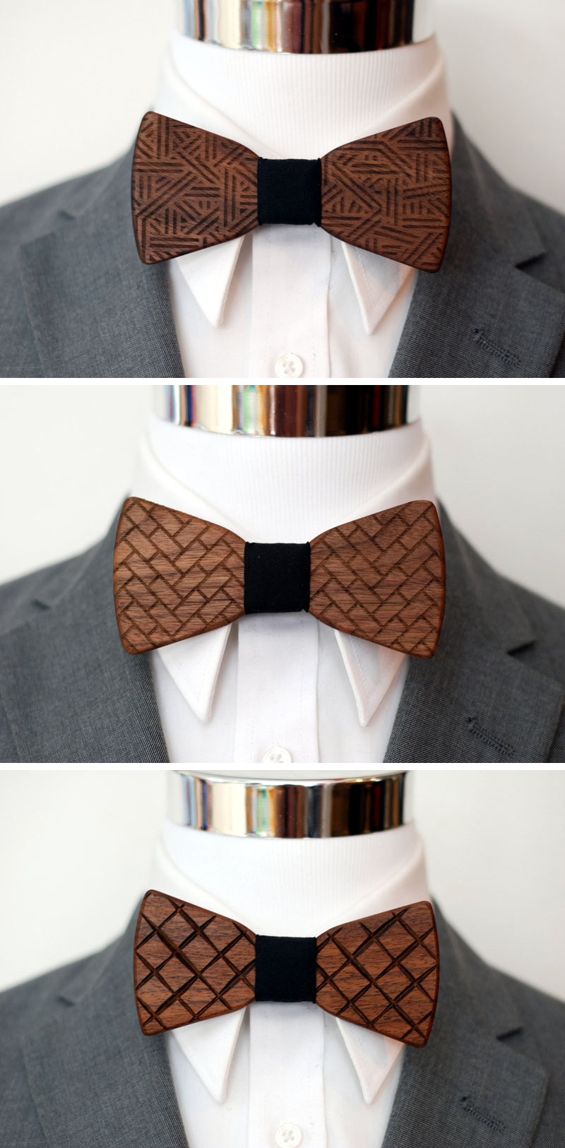 The various patterns burnt into the surface of these wood bow ties give them a unique look while remaining simple and contemporary for men's fashion.