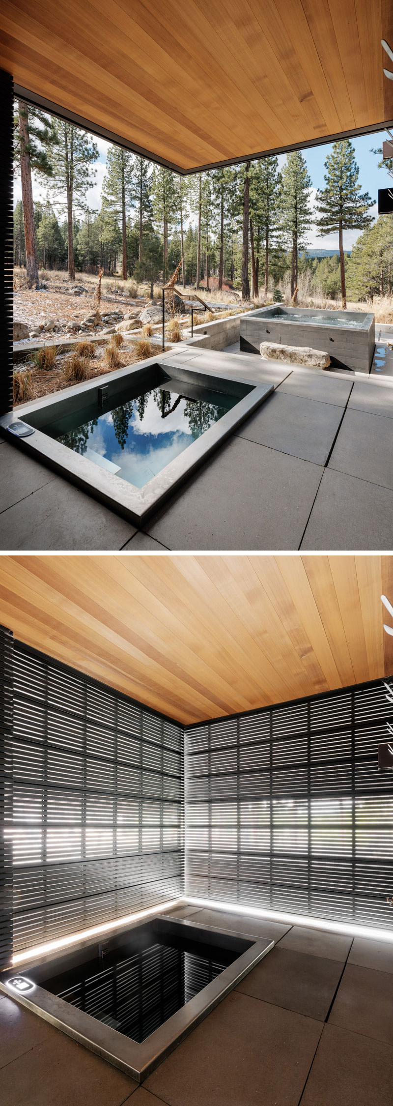 This modern house has an outdoor soaking tub that has a black metal privacy when needed.