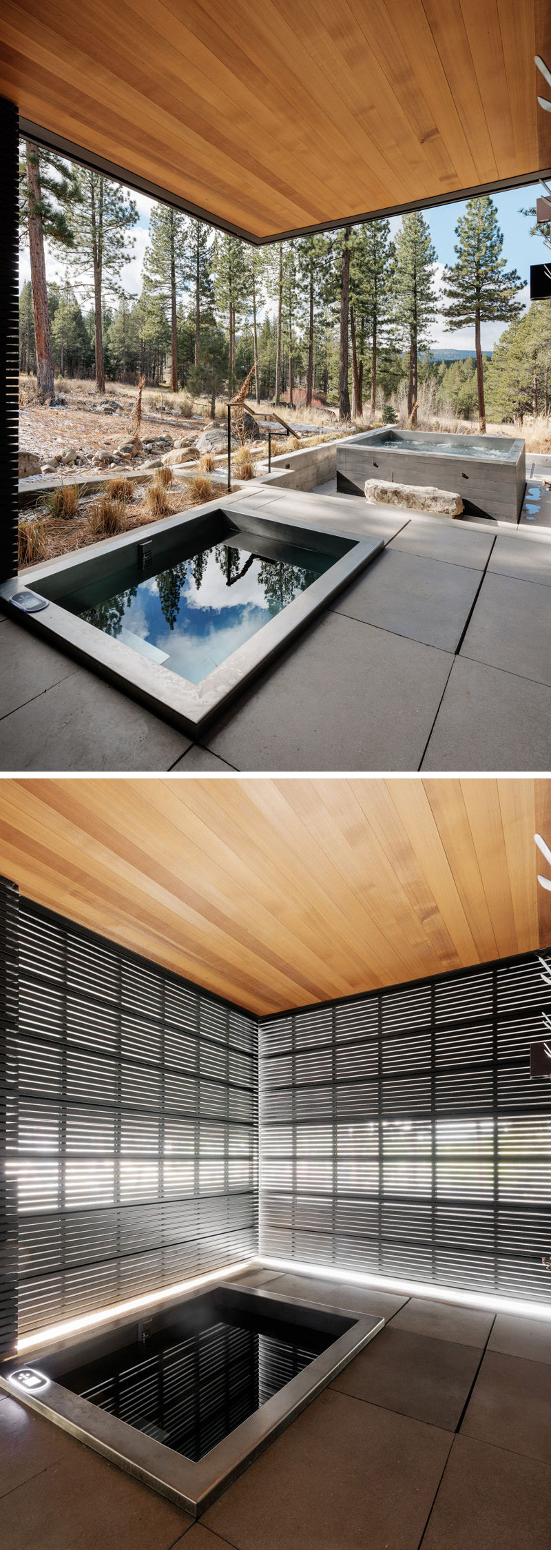 This modern house has an outdoor soaking tub with a black metal privacy screen that can be used when needed.