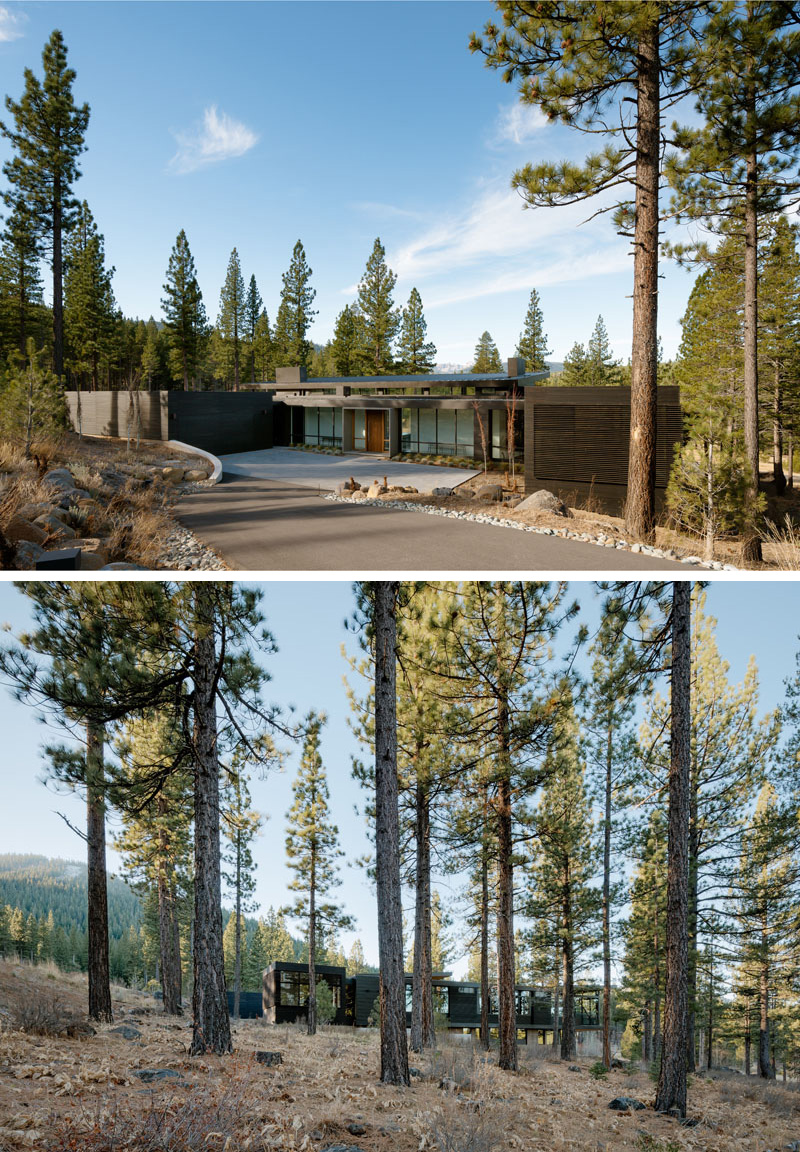 A curved driveway leads to the front of the mostly wood modern house. Dark in color, the exterior of the home camouflages with it's surroundings creating extra privacy.