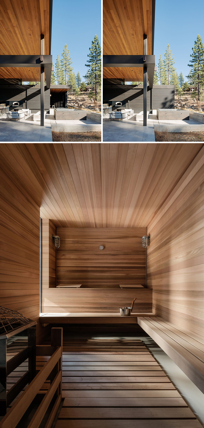 A wood sliding door behind the outdoor soaking tub reveals a bathroom and a sauna. Light wood lines the sauna, which has plenty of space with bench style seating.