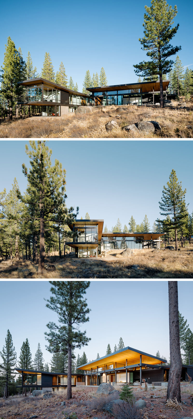 This modern house features large windows and a wood upward sloped roof with hidden lighting, allowing for breathtaking views of the surrounding landscape. 