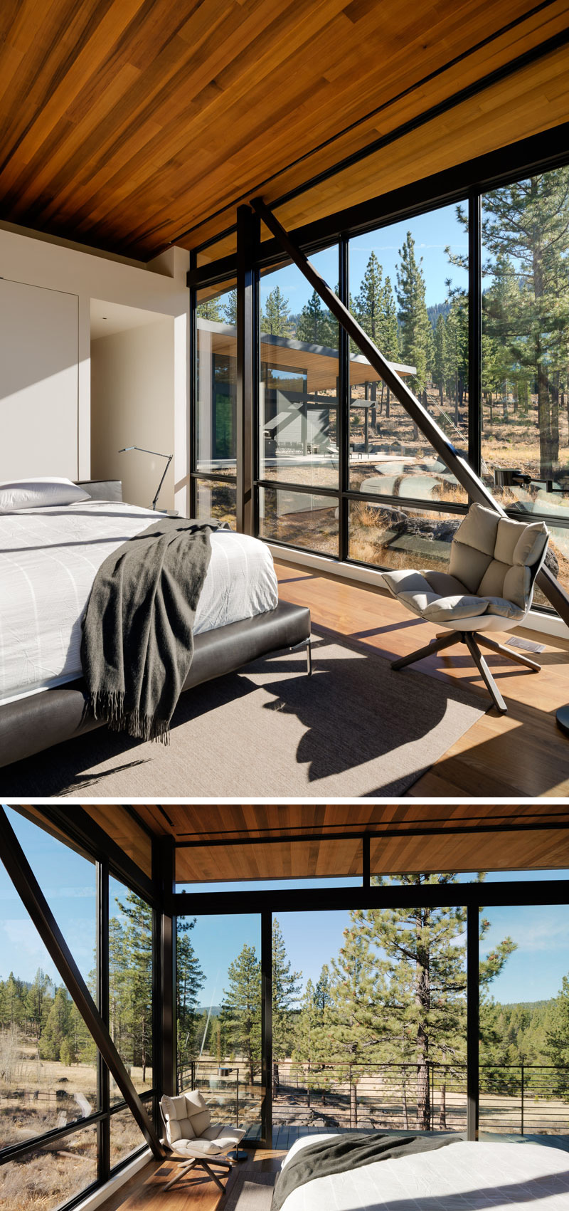 Decorated in white and light gray, this modern master bedroom with a wood ceiling, is surrounded by the same large black framed windows throughout the house.