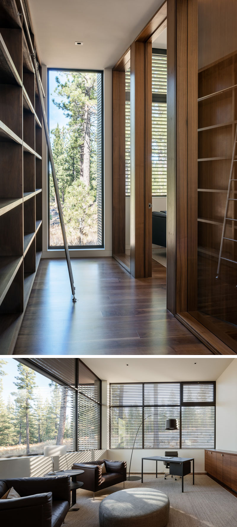 A floor-to-ceiling wood bookcase lines the hallway that leads to this modern home office. Large windows, and various furniture allow for this office to be a great working space.