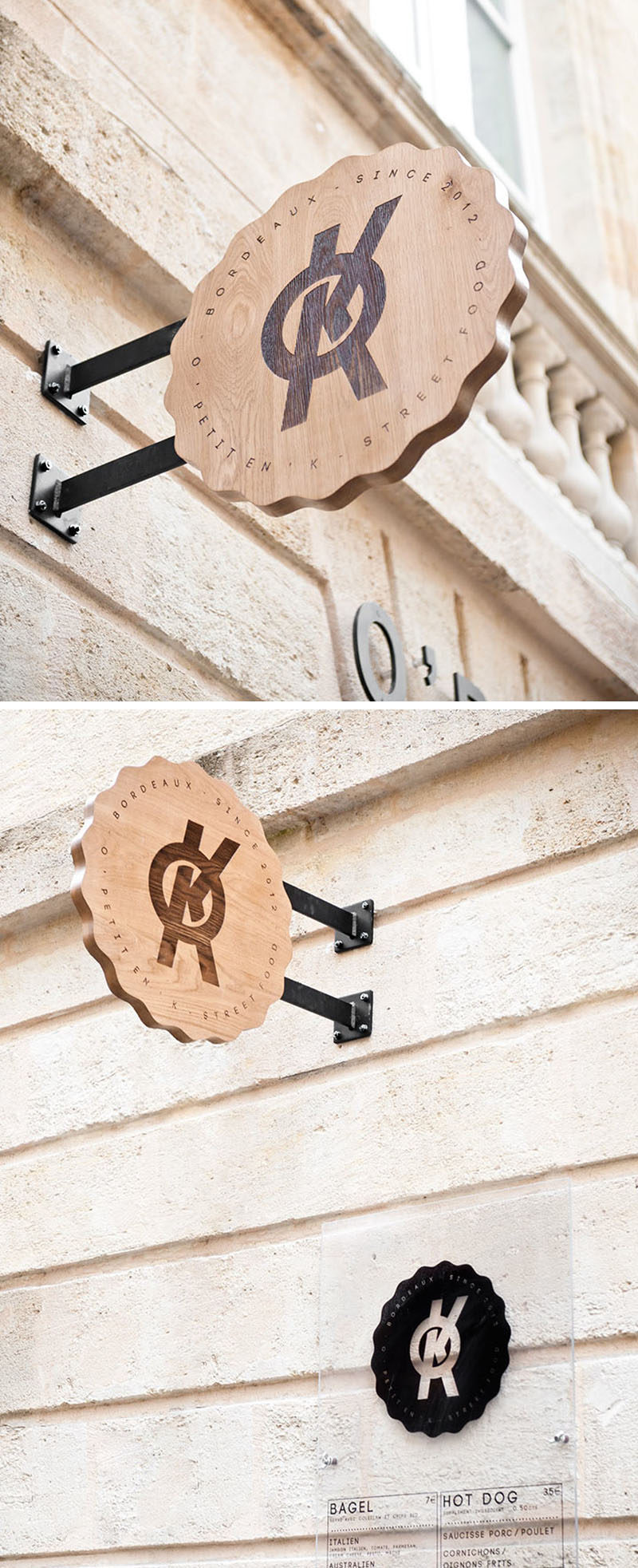 The logo for the street food brand O'Petit en'K has been burned into this round sign creating a dark contrast on the light wood.