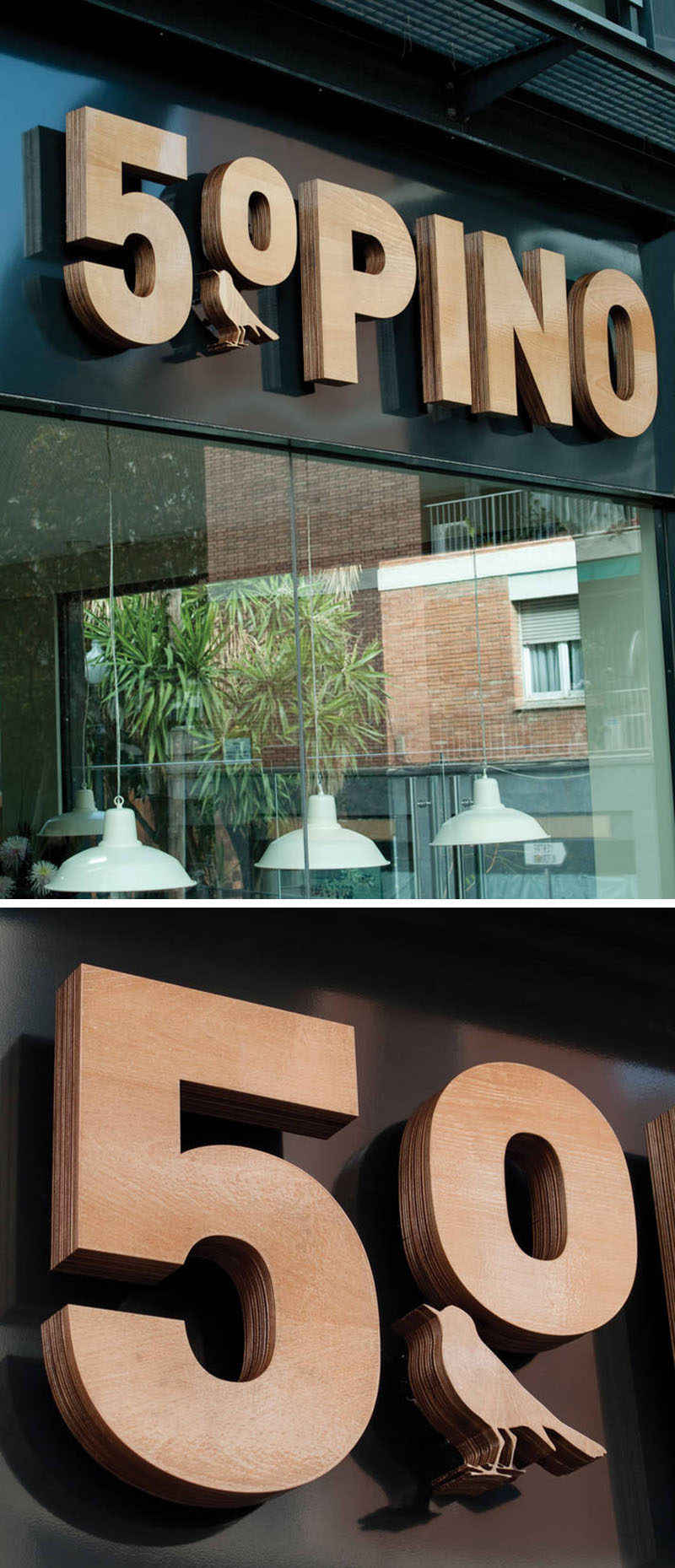 Layers of wood have been cut and piled on top of each other to create a 3D wood sign declaring the name of the restaurant.