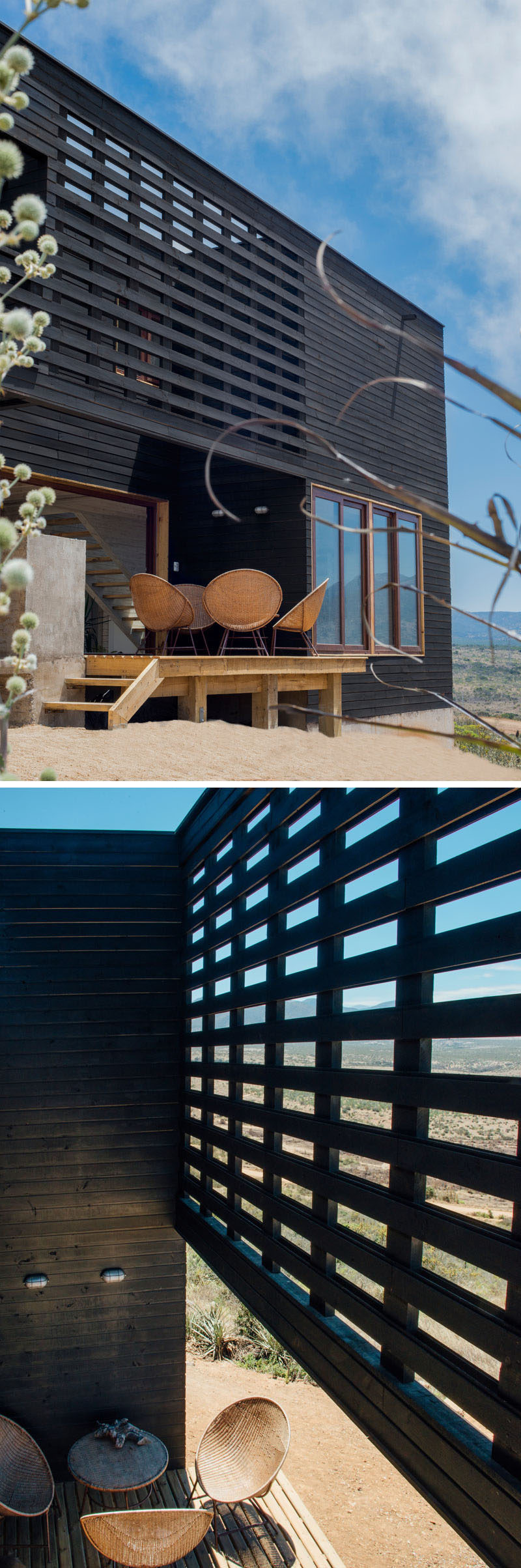 This small patio area with seating is shaded by the shape of the home. 