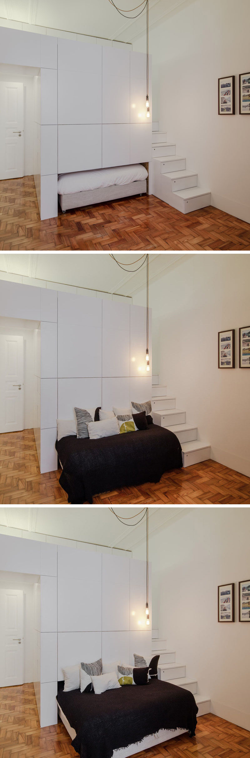 This small modern apartment has a wall of white storage cabinets that allows a pull-out bed to be hidden within it. Depending on how much you pull the bed out, it can also double as a couch or day bed.