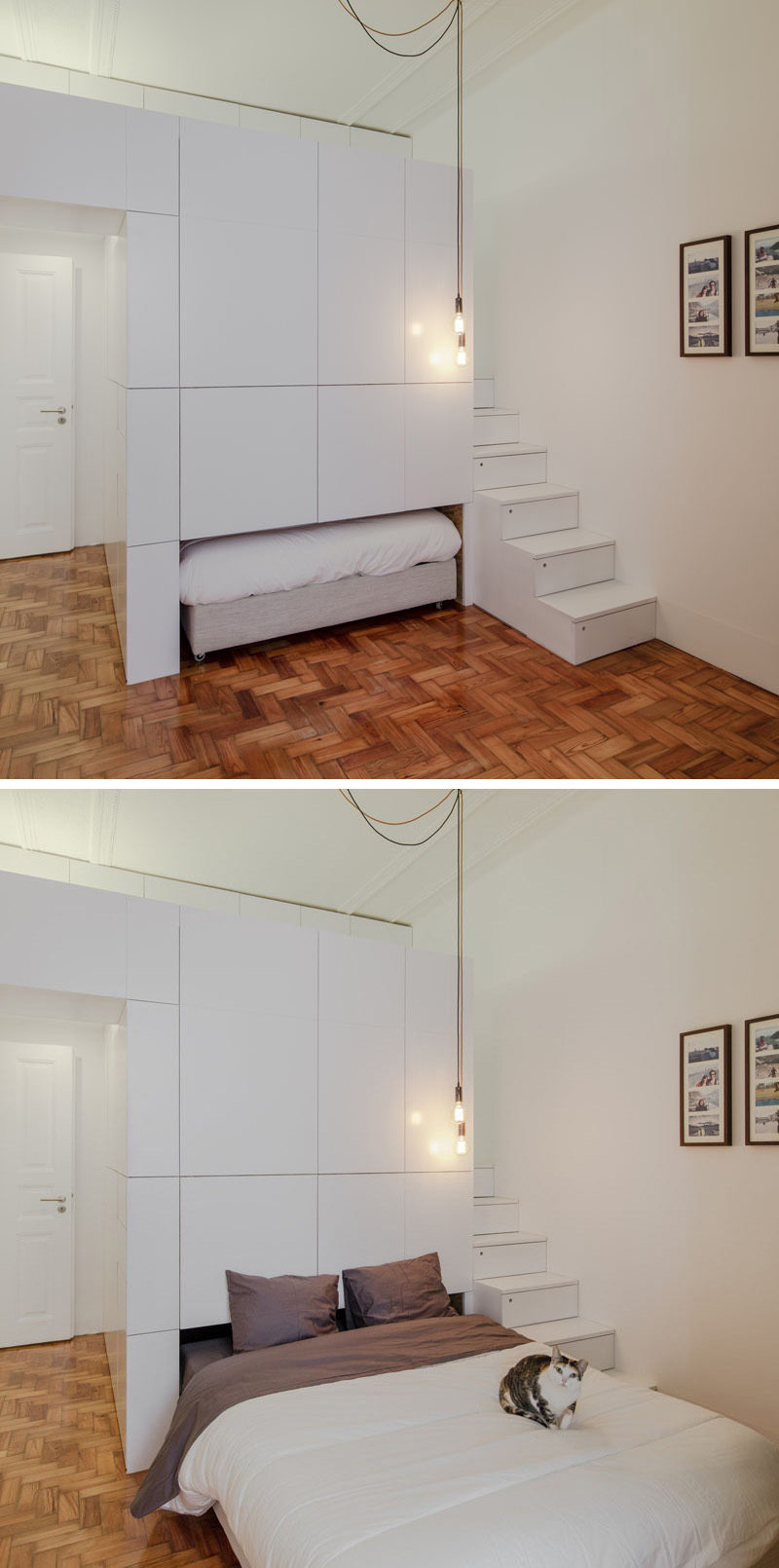 This small modern apartment has a wall of white storage cabinets that allows a pull-out bed to be hidden within it.