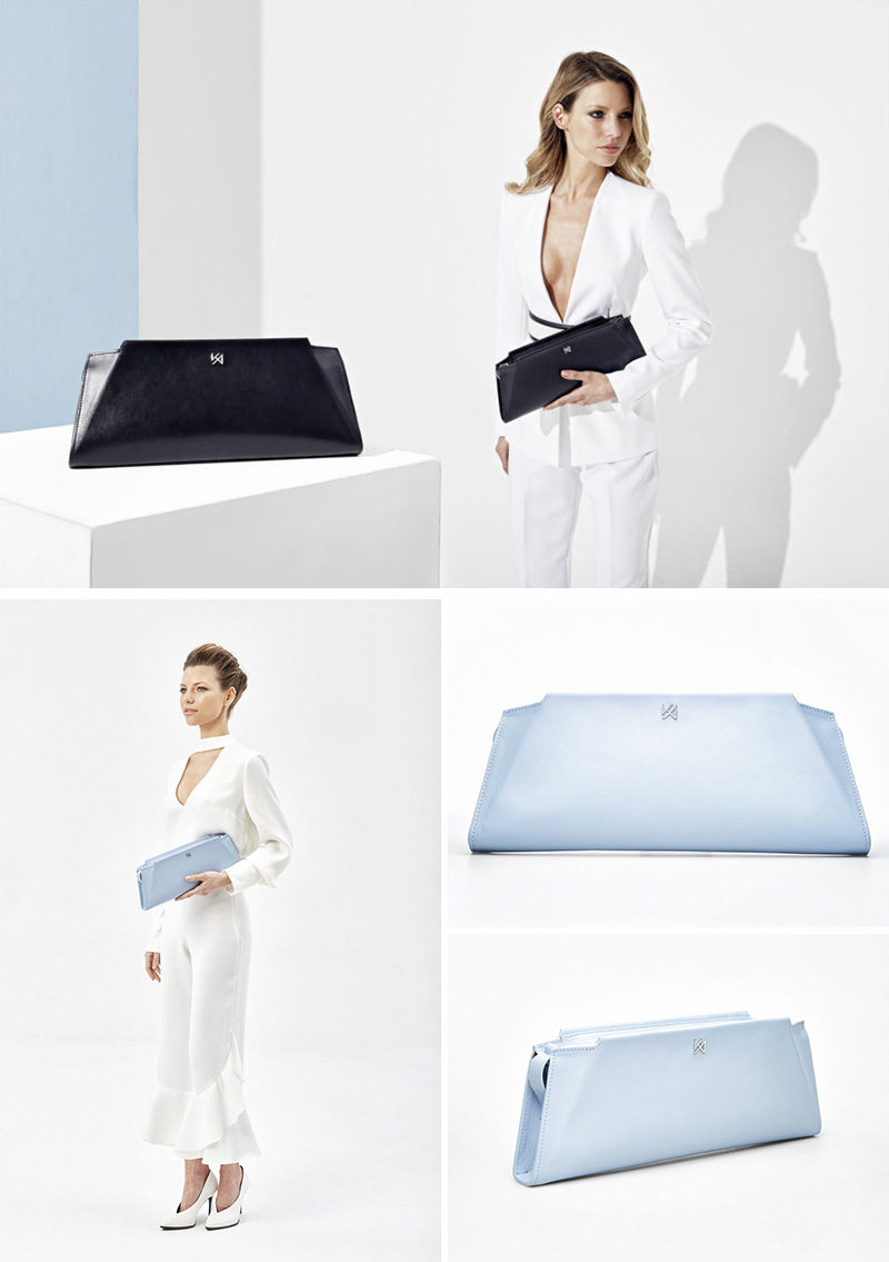 Geometric in its appearance, the Silhouette Clutch by AGNESKOVACS, has a single opening with a double metal zipper.