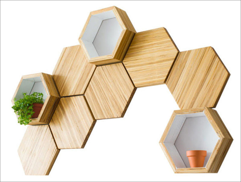 ChopValue have created Recycled Chopstick Honeycomb Shelves. These handmade, modern, hexagonal wood wall shelves and tiles offer a unique accent to any wall. 