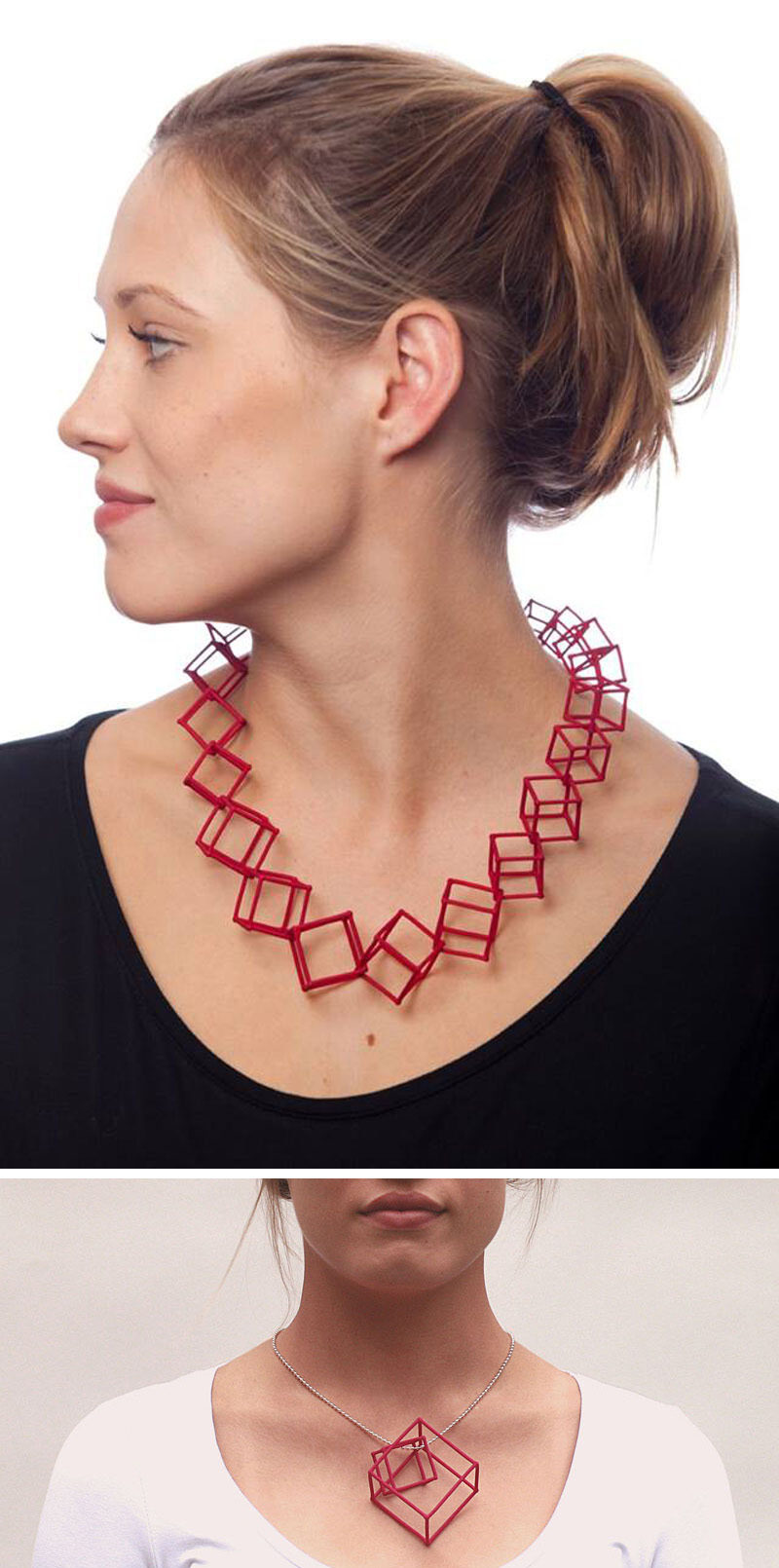  These bright red colorful cube necklaces are made from 3D printed nylon dyed in fun colors to create unique pieces of geometric jewelry. #ModernJewelry #Fashion #Style