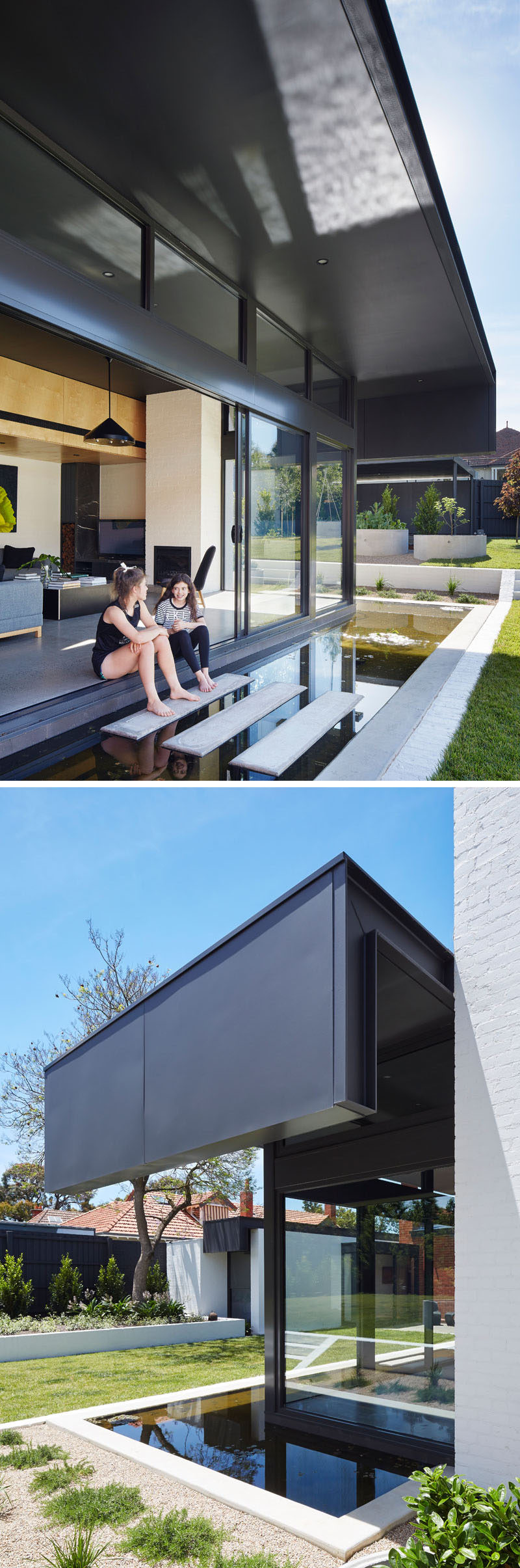 A calming reflection pond was added to this modern house extension. The pond is home to 15 comet goldfish, and small stepping stones connect the living area to the garden. The pond also helps to cool the interior on hot days.