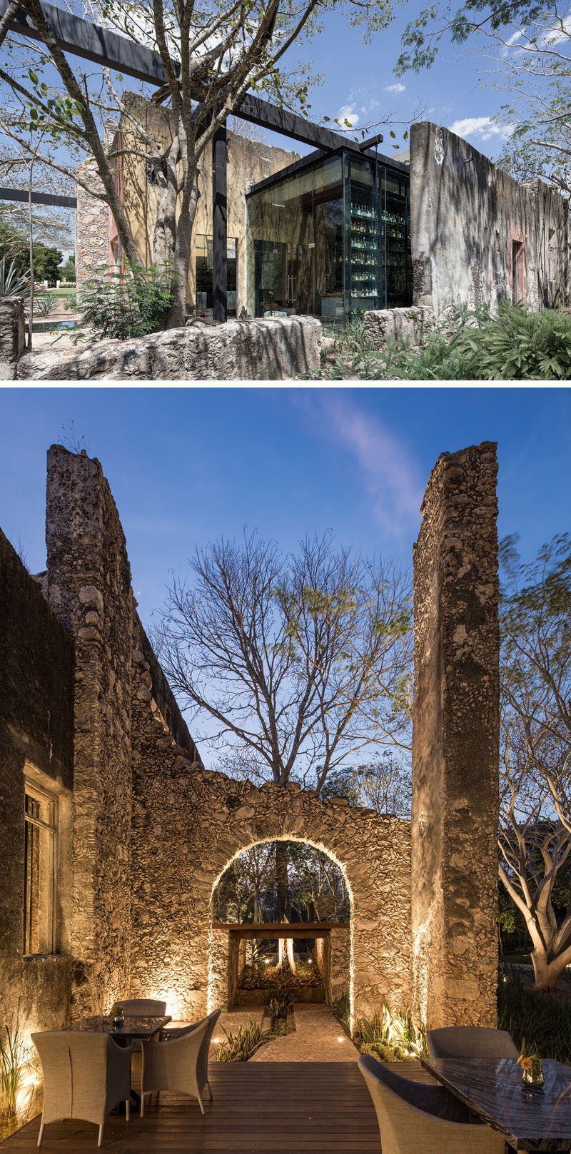 This modern restaurant in Mexico, with plenty of glass and wood, has been built inside a 19th century engine house of a farm that was in disrepair.