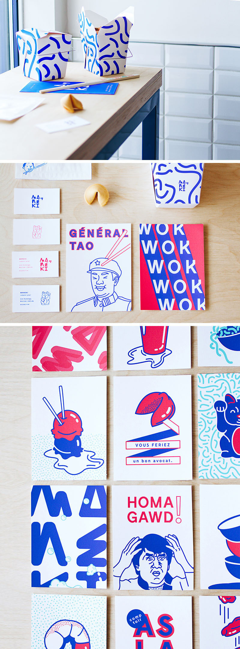 Sprinkled throughout this modern Asian restaurant are various pop art prints in a limited blue, white, and red color palette featuring famous Asian icons, songs, and food dishes. 