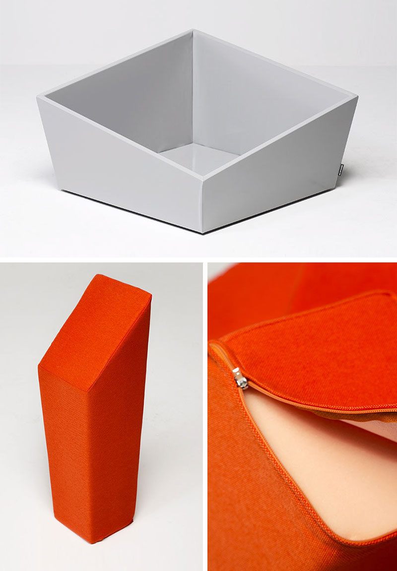 The design of this sculptural seat allows you to place the numerous orange cushions in any order within the white box frame.