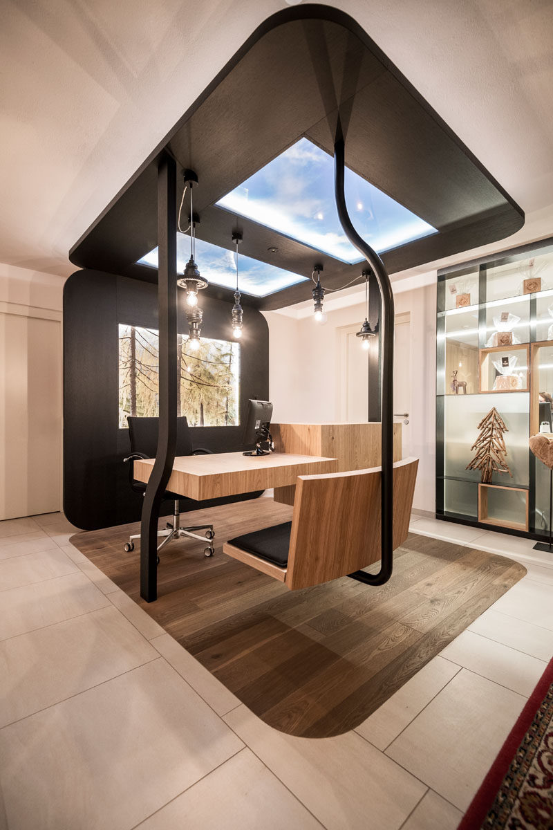 Once inside this modern Italian hotel, guests arrive to a hanging chair and desk with a two panel skylight. This gondola-style check in prepares a guest for their unique hotel experience. 