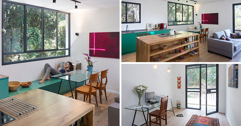 Architect Tal Losica, has designed a small contemporary apartment in Haifa, Israel, that features a bold green kitchen and an open living/dining room.