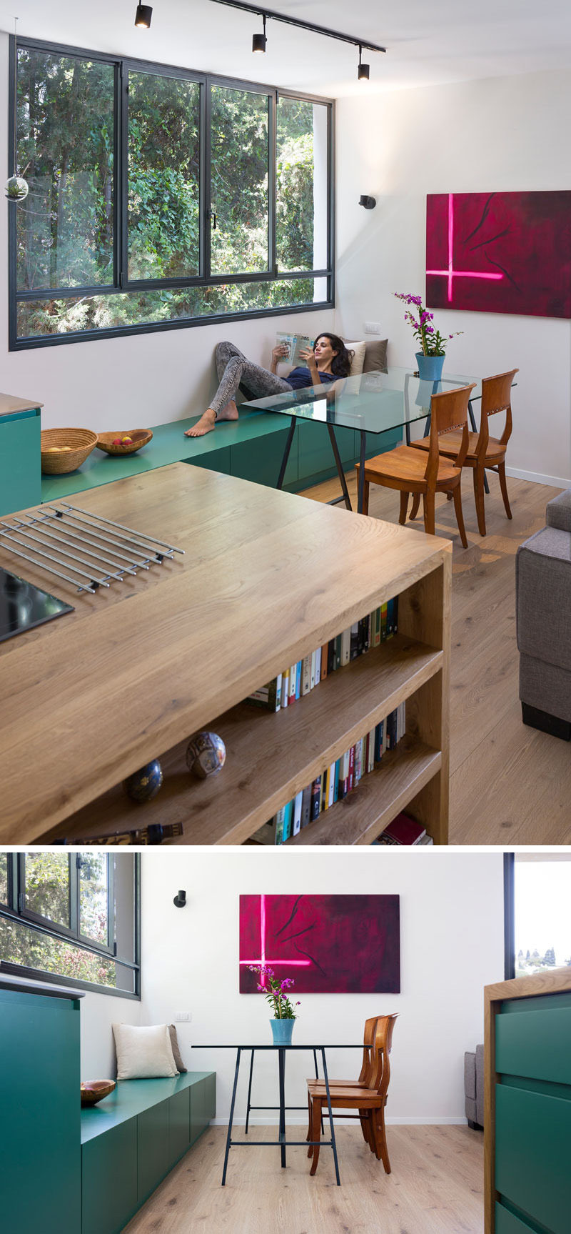 In this modern apartment, the green kitchen cabinetry extends into the dining area in the form of a bench to provide extra storage and seating. 