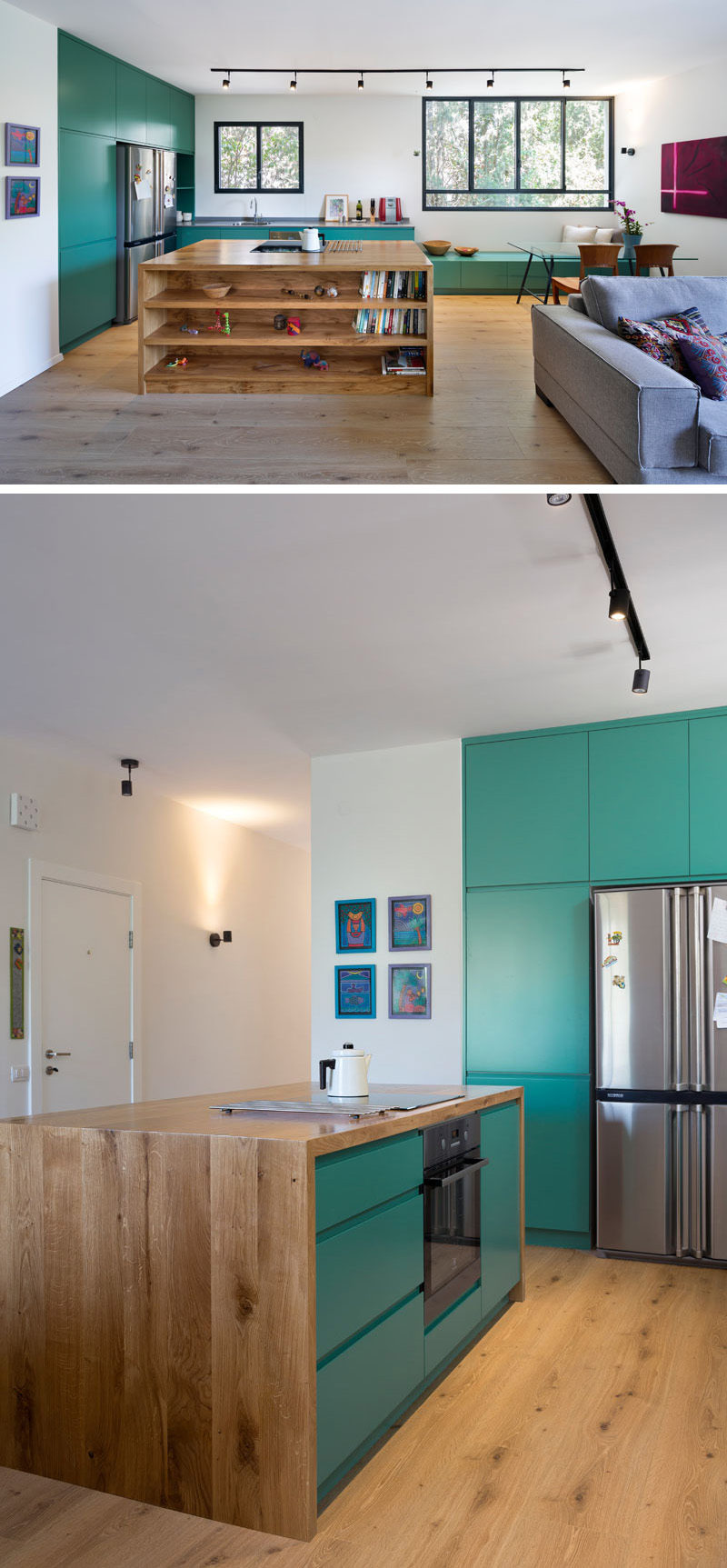 This modern kitchen with green cabinets also features a wood island with open shelving for extra storage.