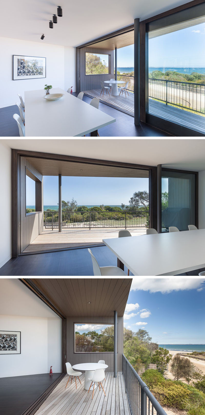 The dining area in this modern beach house opens up to a covered balcony that has ample room for seating. The balcony has a cut-out on the left wall allowing for a full view of the beach. 