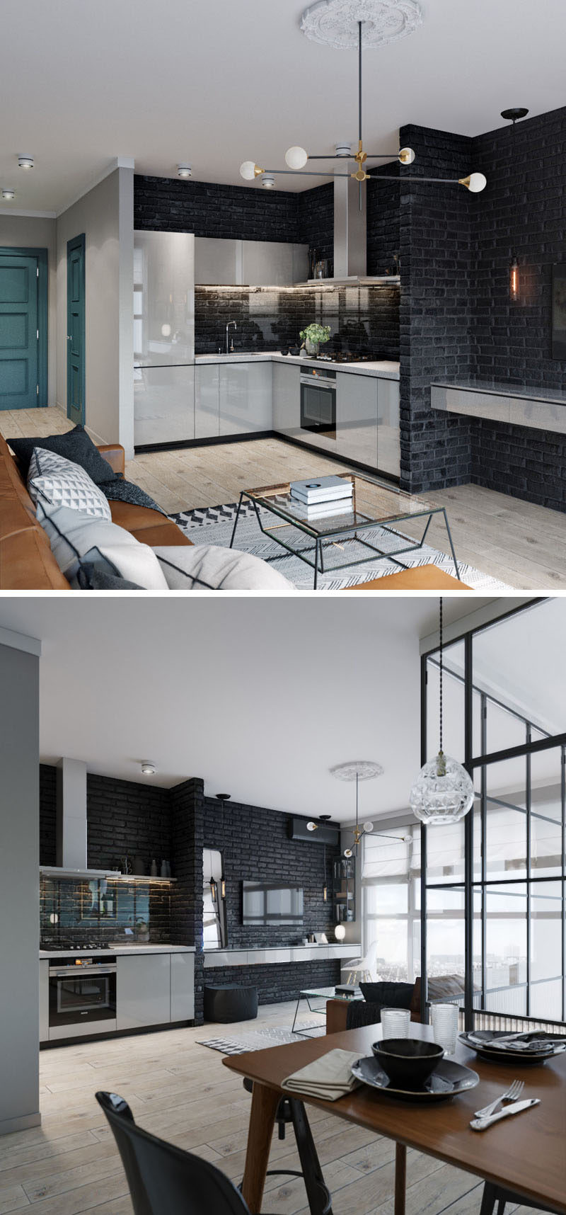 This small and modern apartment features a black brick wall that draws your eye to the living area and kitchen. A white floating shelf in the living room doubles as a desk, and the white continues in the kitchen, where white cabinetry provides storage and conceals the refrigerator. A glass backsplash in the kitchen protects the brick and adds to the seamless look. #KitchenDesign #BlackBrickWall