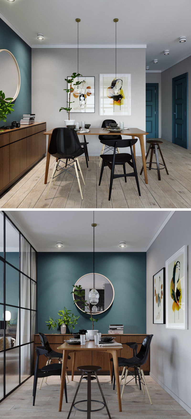 In this small apartment, the dining area has a deep teal blue accent wall that ties in with the front door and storage closet, while the wood furniture adds a natural touch and the black chairs match the black framed glass wall of the bedroom. #TealWall #DiningRoom #DiningRoomIdeas #Interiors