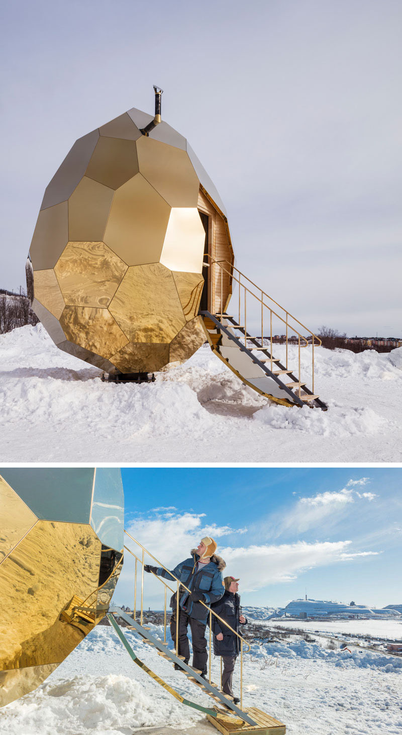 Designers Bigert & Bergstrom have unveiled the SOLAR EGG, a public sauna art installation that's made from 69 pieces of gold plated steel that reflects the city and surrounding landscape.