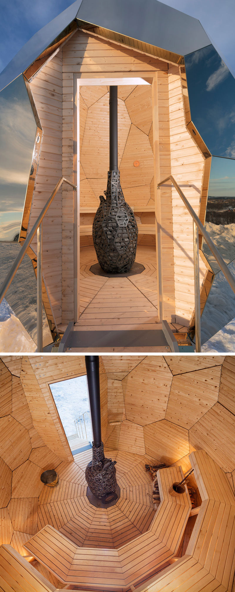 Inside this egg shaped sauna, multi-level wood seating with hidden lighting and patterned wood walls surround the fireplace. The fascinating egg can accommodate up to eight people at once.