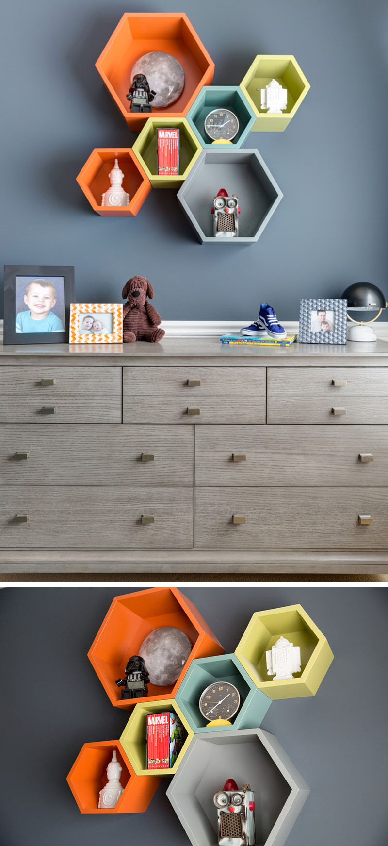 In this boys bedroom the wood dresser, multi-colored hexagonal shelves hold more precious space treasures, like Star Wars figurines, and space themed comic books.