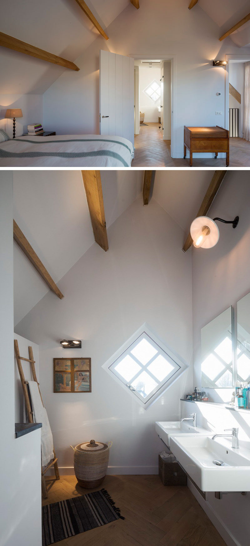 This contemporary master bedroom and ensuite washroom are uniquely shaped by the roof line of the house. Minimally decorated white walls and wood beams, these rooms have a contemporary farmhouse feel.