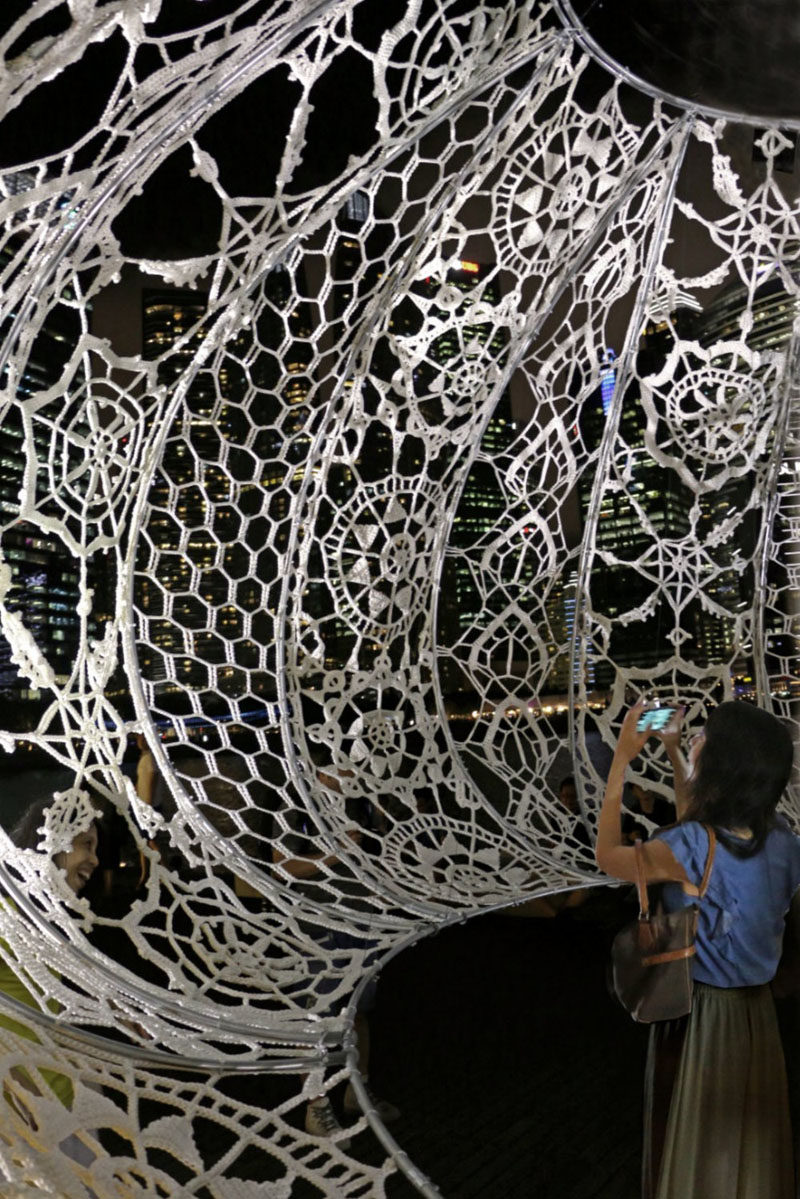 Choi+Shine Architects have designed The Urchins, a collection of crocheted sculptures, as part of an art installation for the recently held 2017 iLight Marina Bay Festival in Singapore. 