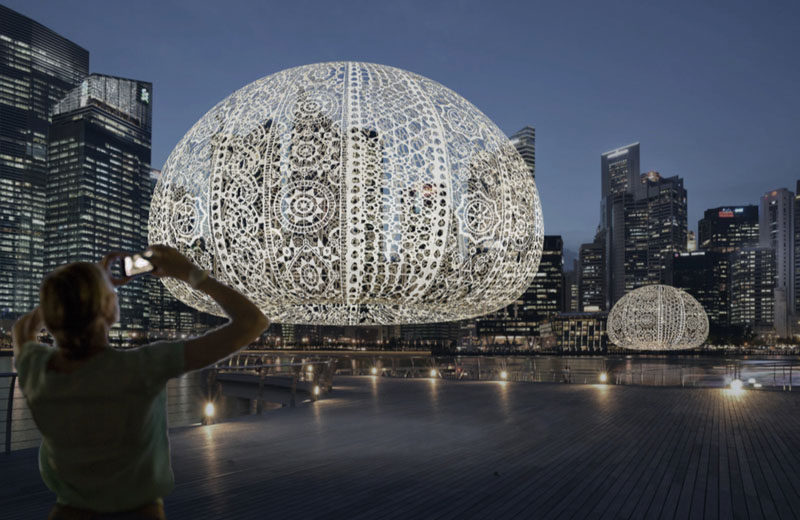 Choi+Shine Architects have designed The Urchins, a collection of crocheted sculptures, as part of an art installation for the recently held 2017 iLight Marina Bay Festival in Singapore. 