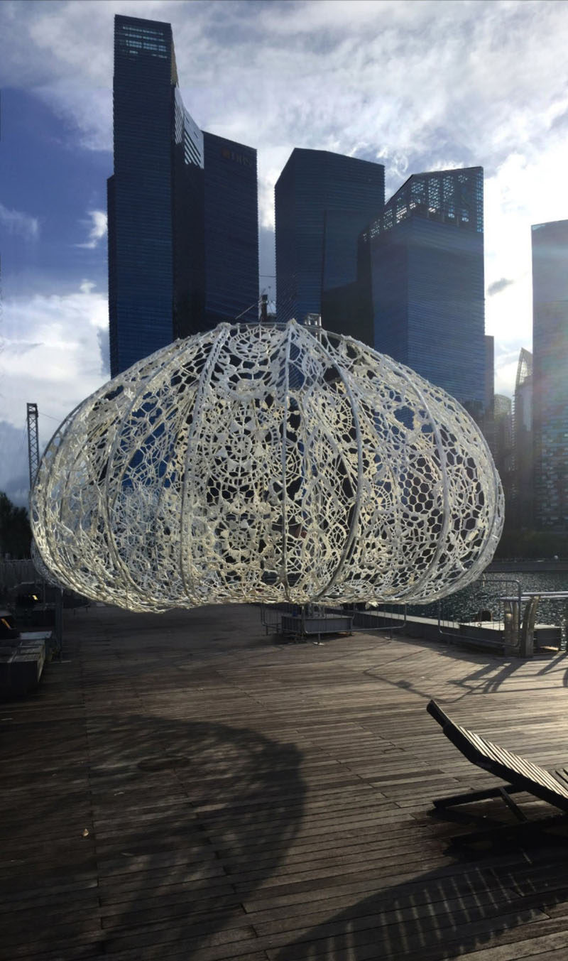 Choi+Shine Architects have designed The Urchins, a collection of crocheted sculptures, as part of an art installation for the recently held 2017 iLight Marina Bay Festival in Singapore. 