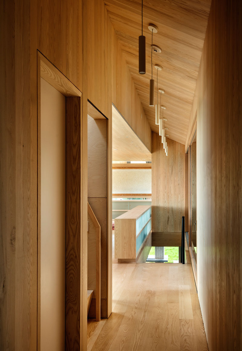 A muted palate of bleached ash planking and bleached plywood has been used throughout the interior of this modern wood home.