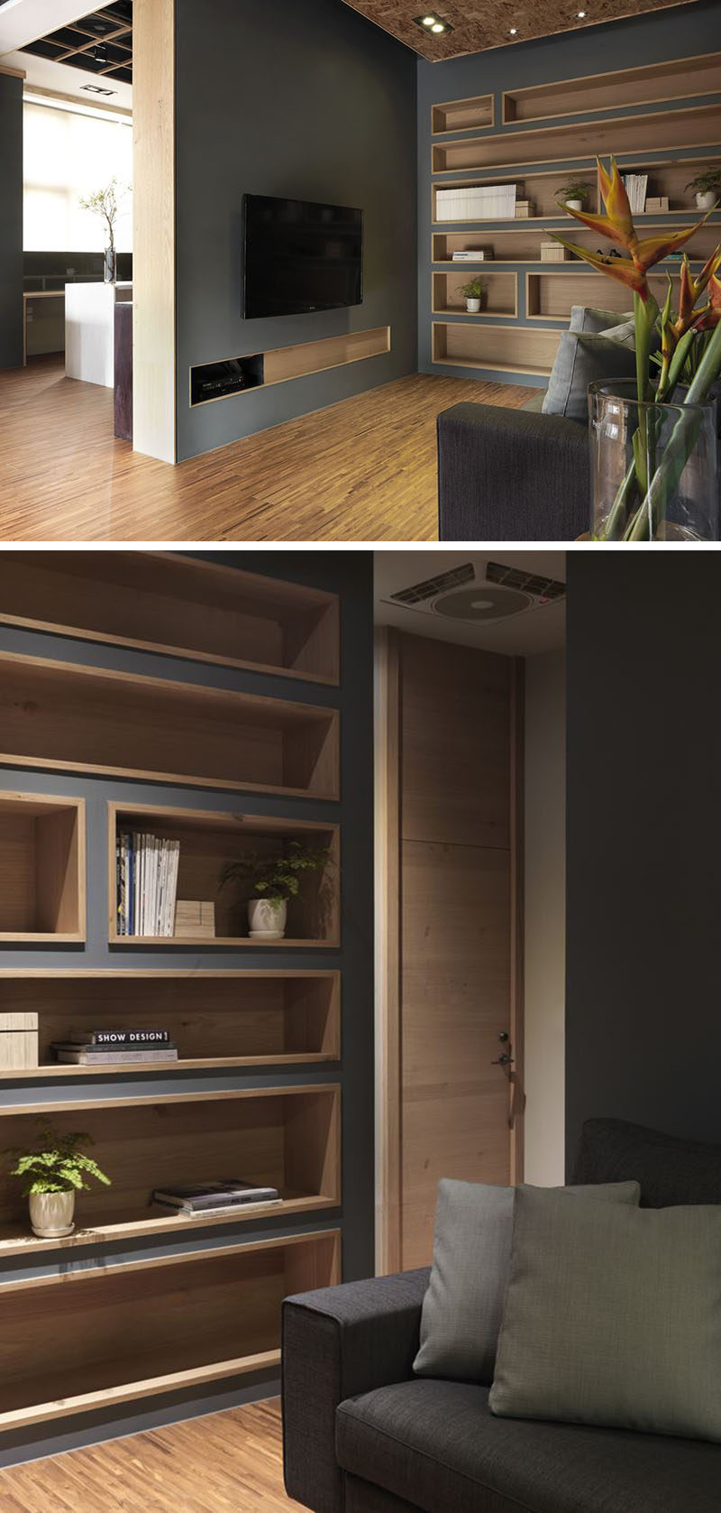 To make the built-in bookshelves on this deep grey wall stand out, the shelves were lined with wood to add a natural touch and create warmth in the office interior.