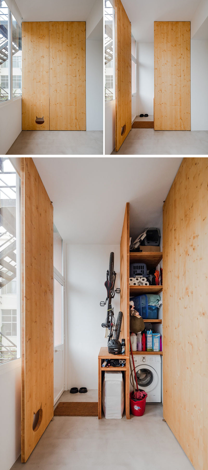 This small and modern apartment has a closet to hide away the washing machine and cleaning products, and when the door is closed, it reveals a cut-out in the door that doubles as a cute cat door.