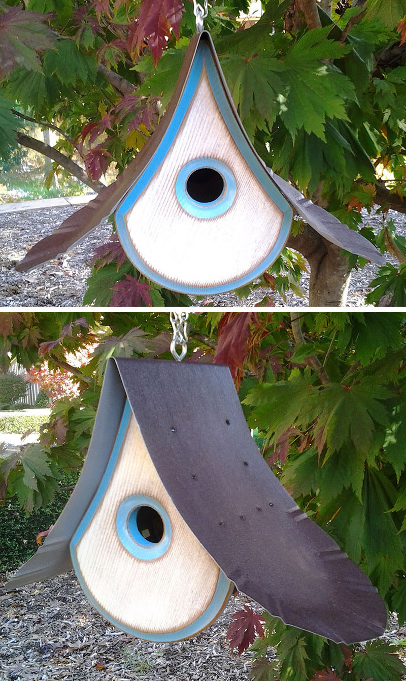 This artistic birdhouse combines Western Red Cedar and re-purposed tin roofs to create a modern look.